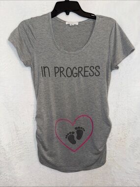 Grey 'In Progress' Maternity Tee with Pink Heart Detail